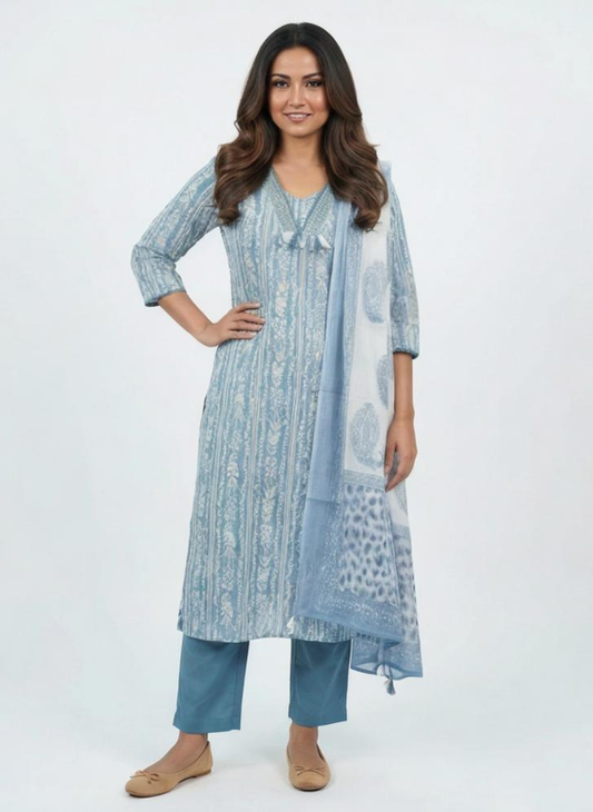 Women Sky Blue Printed Cotton Kurta Pant Dupatta Set