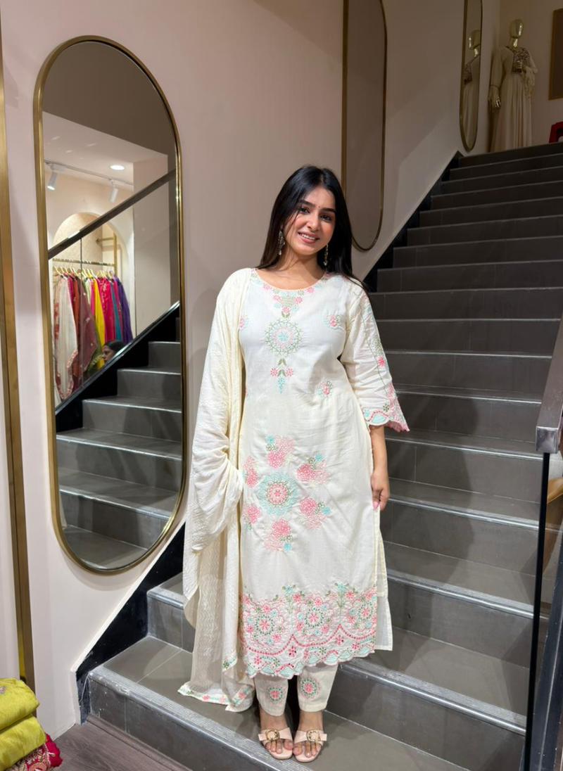 Women Off White Embroidered Kurta Pant Set with Dupatta