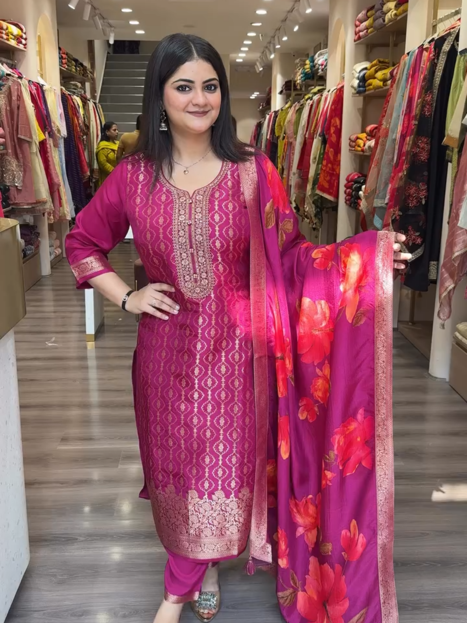 Vibrant Magenta Floral Printed Salwar Kameez with Matching Dupatta