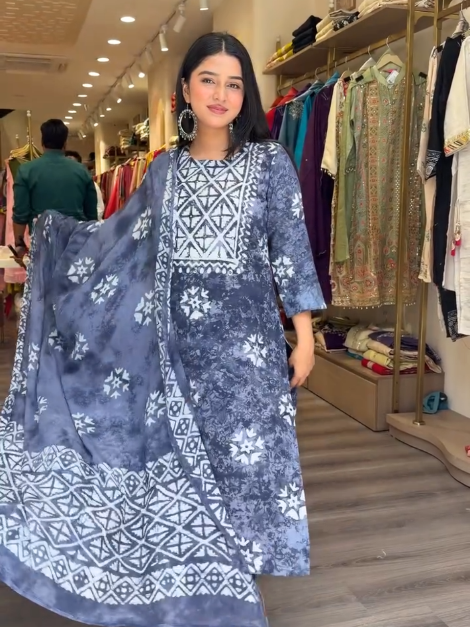 Blue Geometric Printed Kurta Set with Dupatta for Women | Trendy Ethnic Wear