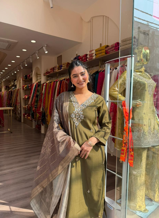 Women Olive Green Embroidered Kurta Set with Printed Dupatta | Festive Ethnic Wear