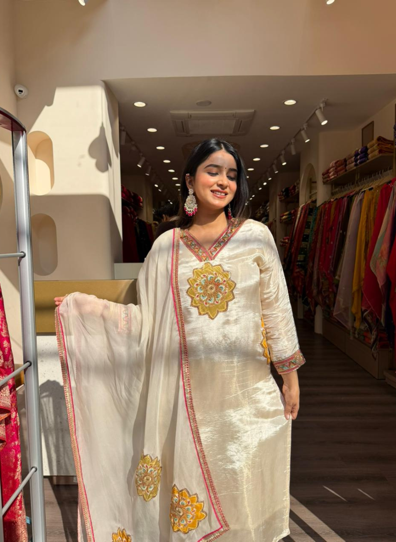 Women Ivory Silk Kurta Set with Embroidered Dupatta | Festive Ethnic Wear
