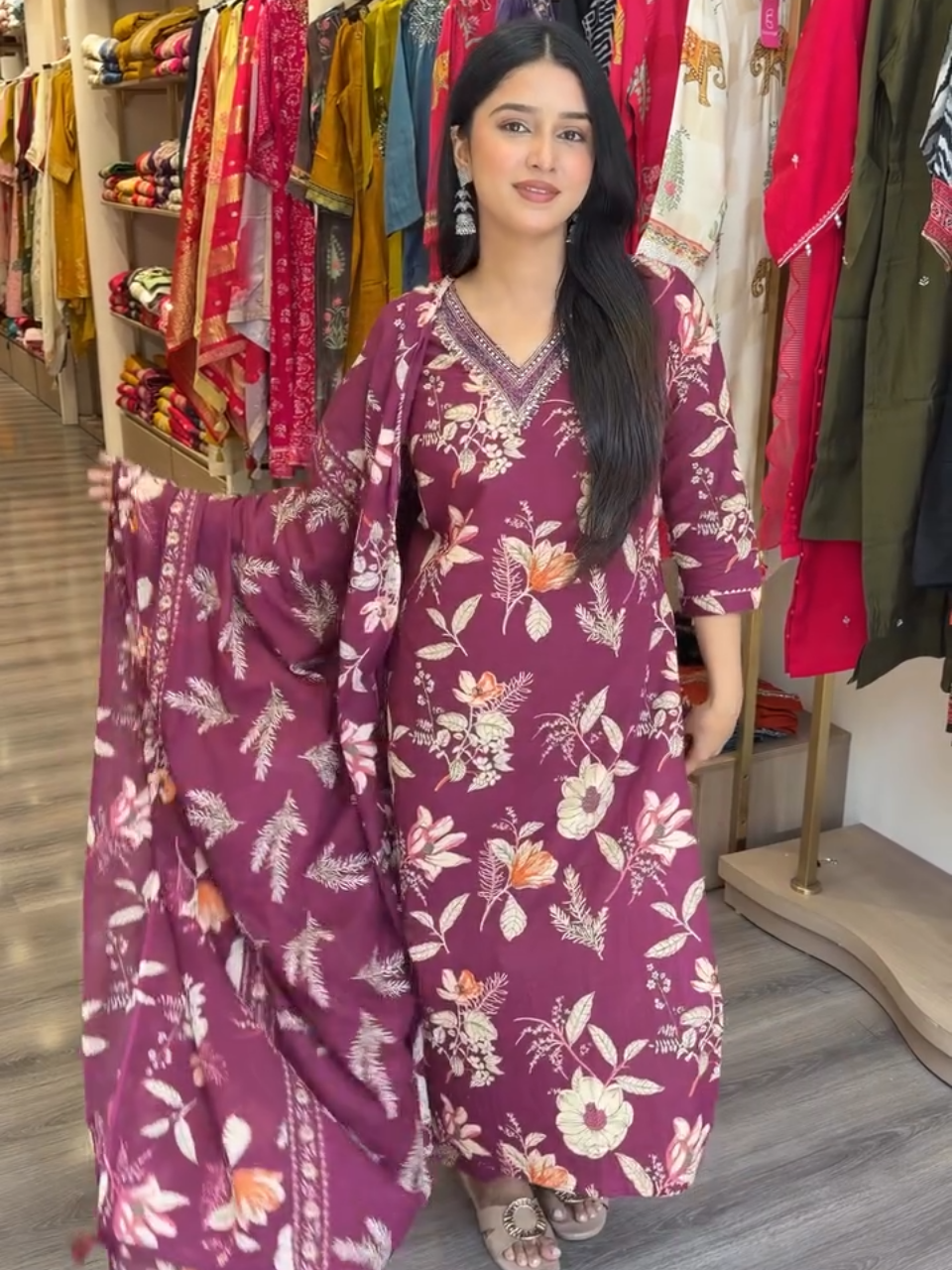 Wine Purple Floral Printed Cotton Kurta Set with Dupatta for Women