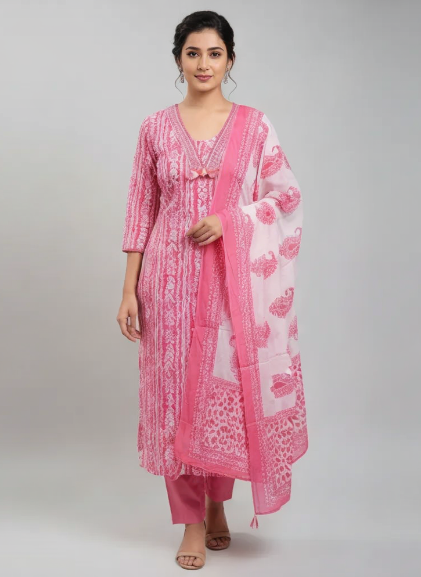 Pink Printed Kurta Set with Dupatta for Women | Ethnic Straight Kurti Pant Set | Festive & Office Wear Suit