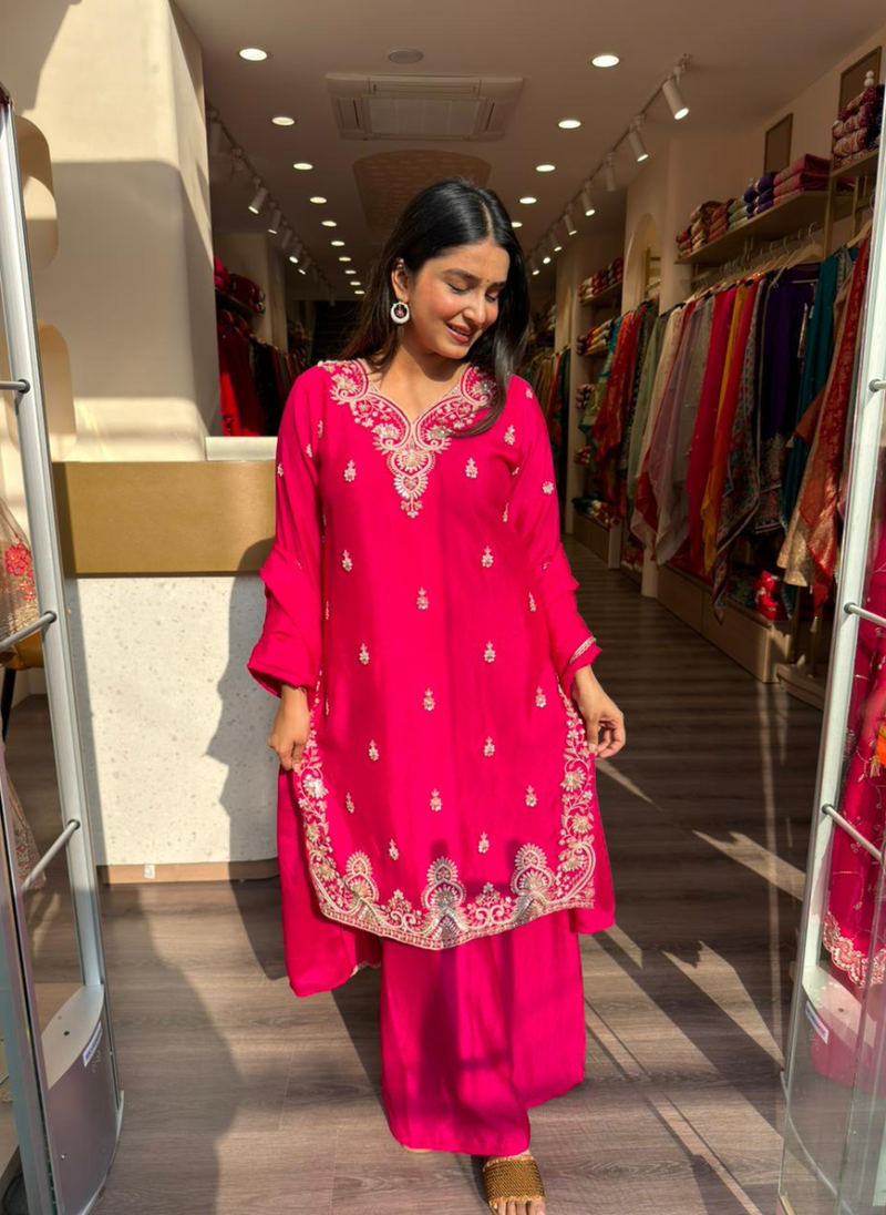 Rani Pink Embroidered Kurta Set with Palazzo – Festive & Party Wear for Women