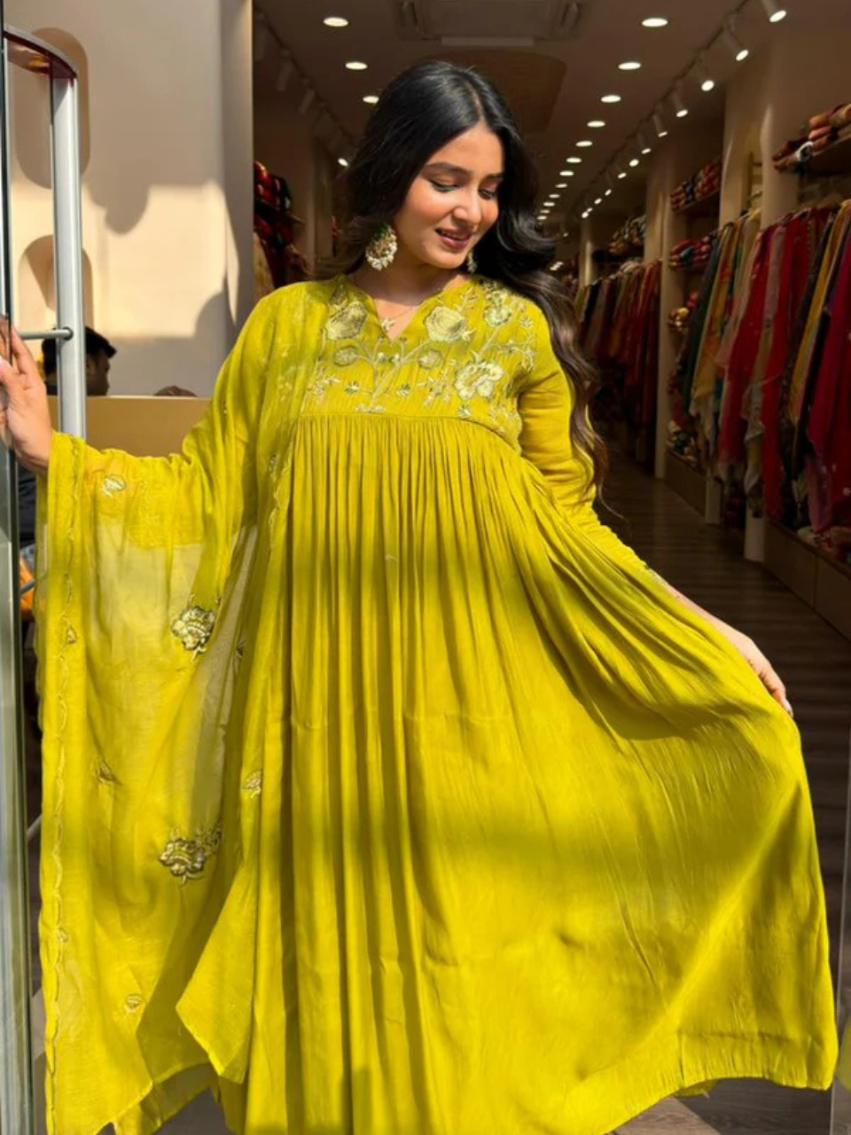 Mustard Yellow Anarkali Kurta Set with Dupatta – Elegant Flared Ethnic Wear for Women