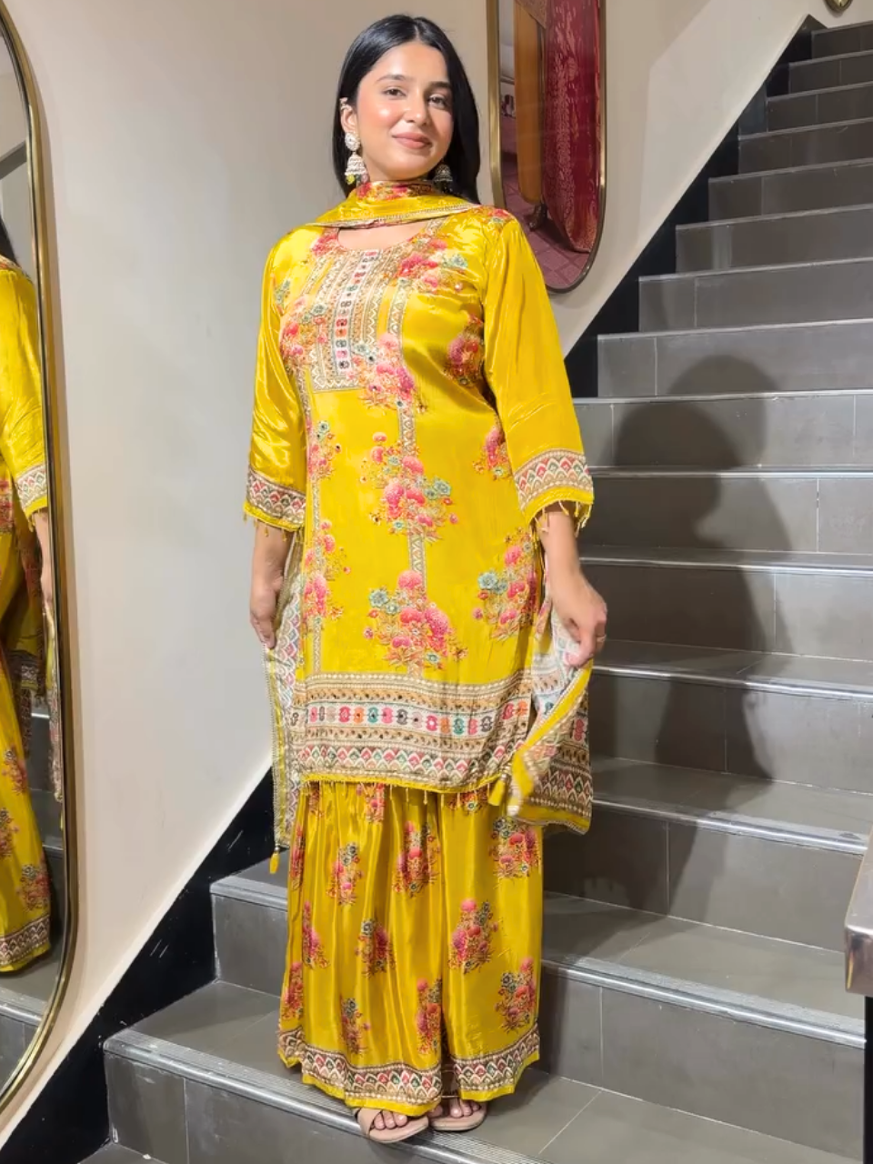 Mustard Yellow Floral Printed Sharara Suit Set with Dupatta for Women