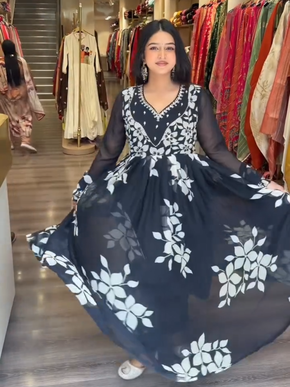 Black Floral Printed Anarkali Gown for Women | Elegant Flowy Party Wear Ethnic Dress