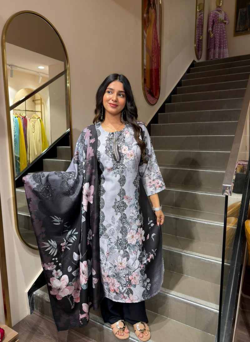 Women Grey & Black Floral Printed Straight Kurta Pant Set with Dupatta