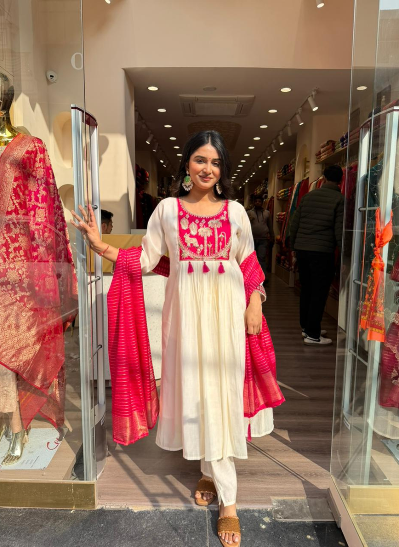 Elegant Off-White & Rani Pink Embroidered Anarkali Kurti Set for Women