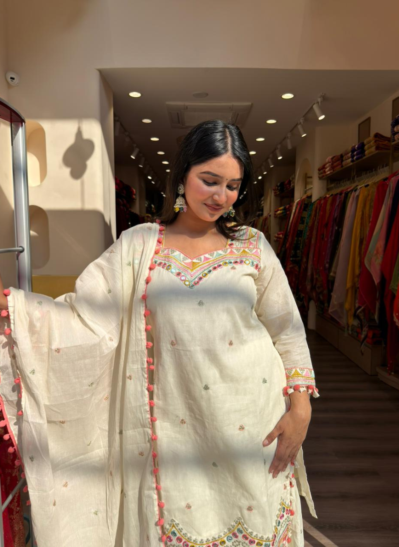 Women Ivory White Embroidered Kurta Sharara Set with Dupatta | Festive & Wedding Wear Ethnic Suit