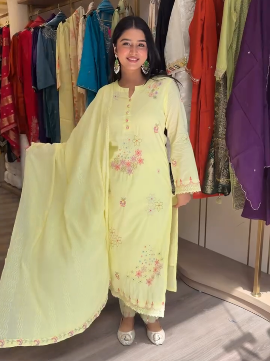 Pastel Yellow Floral Embroidered Kurta Pant Set with Dupatta for Women