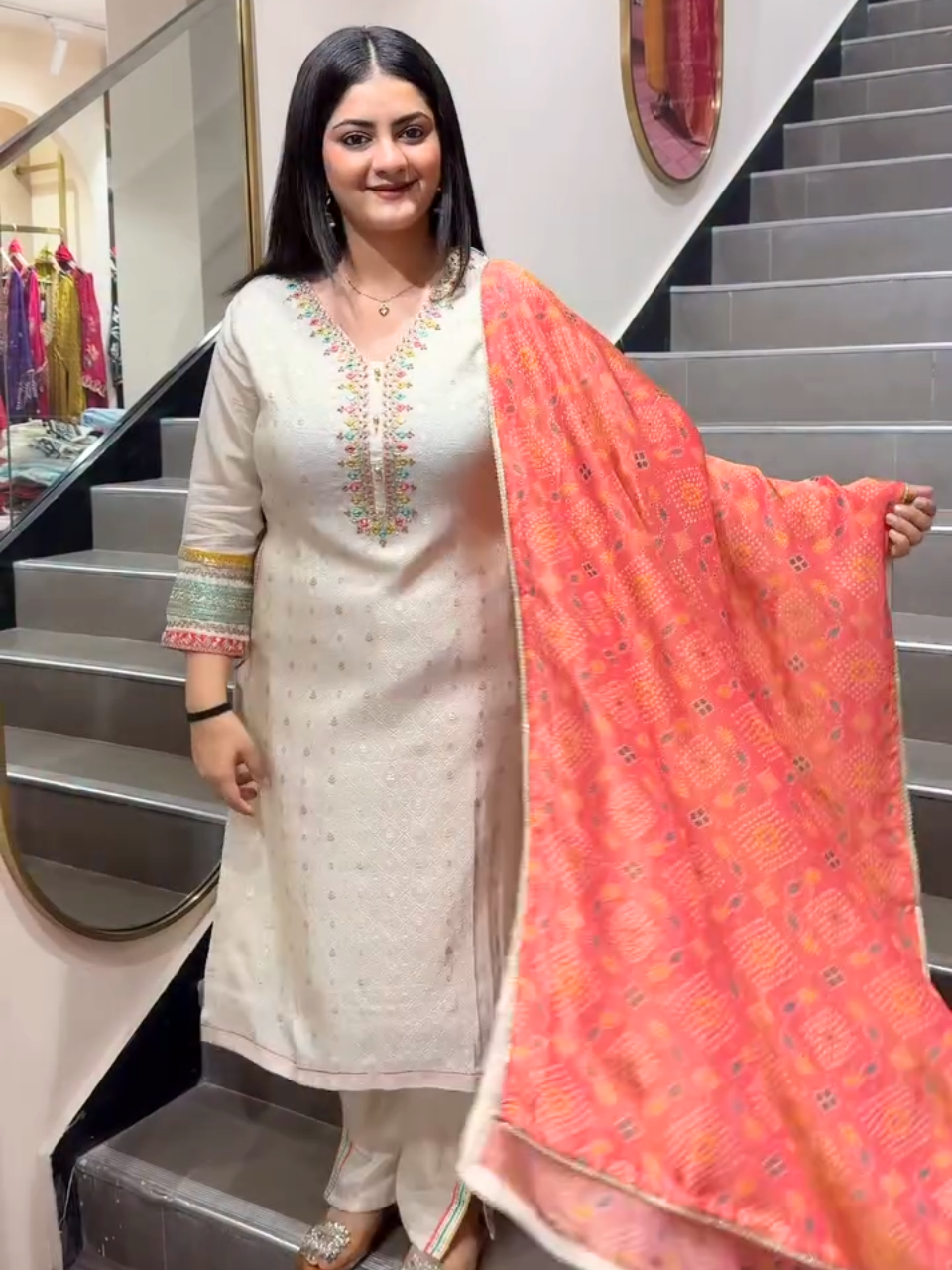 Elegant Off White Embroidered Kurta Set with Printed Dupatta for Women