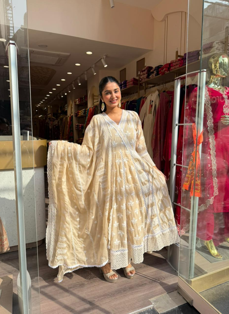 Ivory Chikankari Anarkali Kurta Set with Dupatta – Elegant Festive Wear for Women