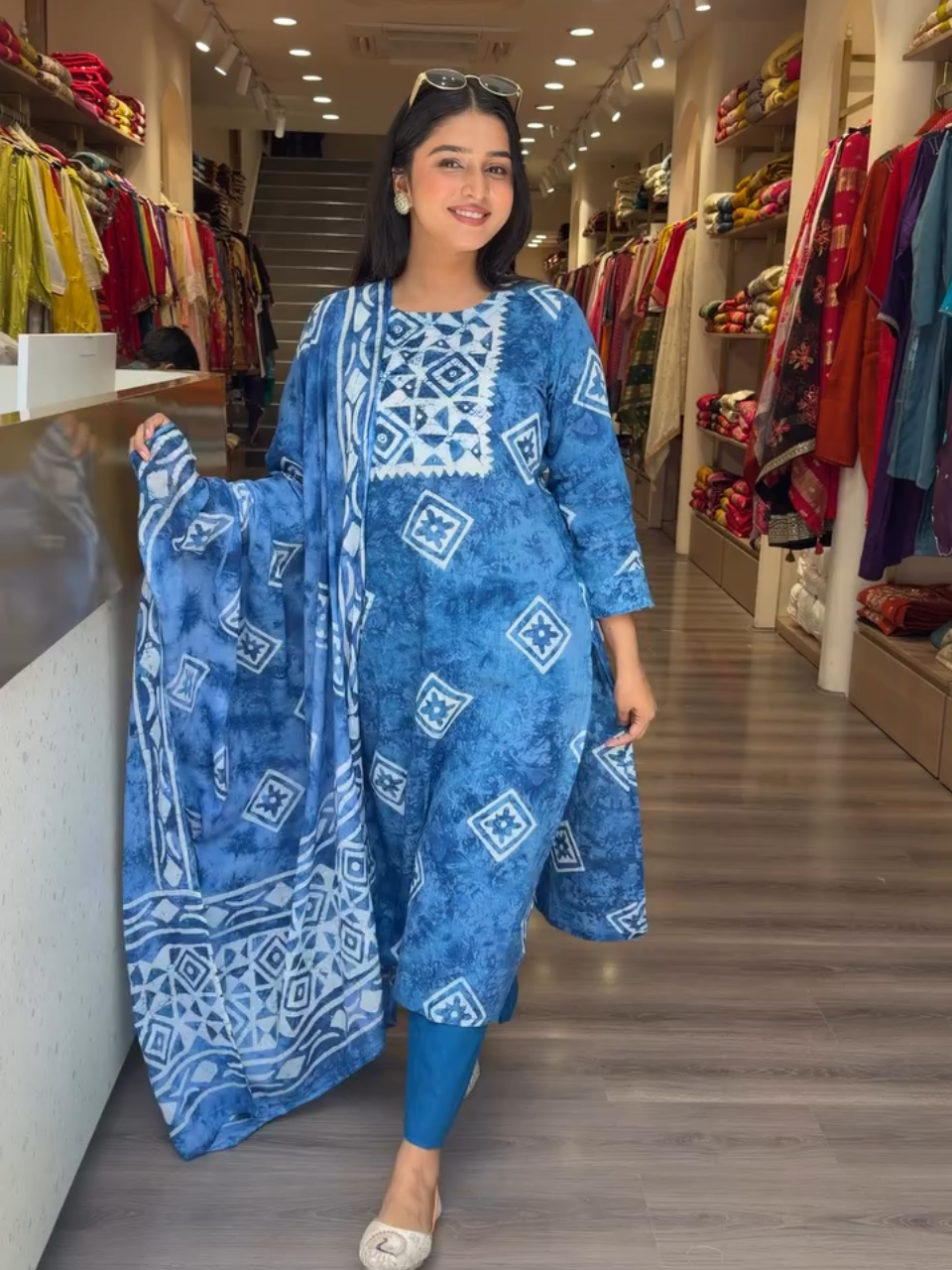 Blue Abstract Printed Lawn Suit with Dupatta for Women