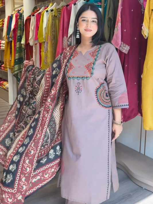 Taupe Brown Printed Kurta Set with Designer Dupatta – Women's 3 Piece Ethnic Suit Set