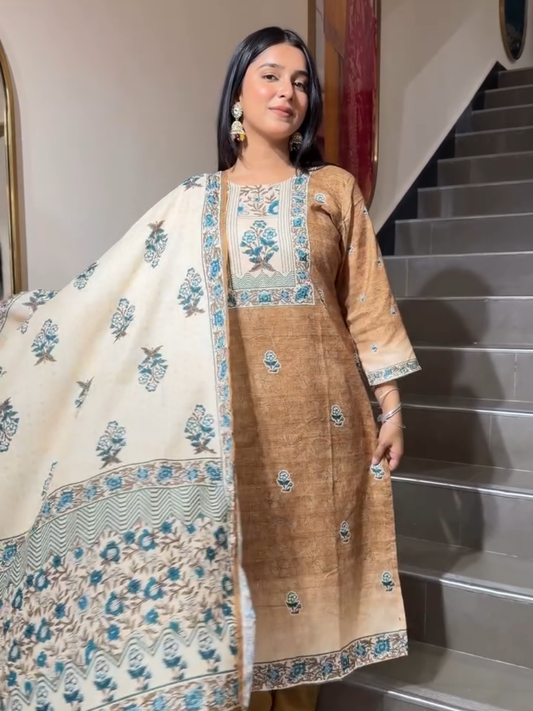 Elegant Brown Floral Printed Cotton Kurta Set with Dupatta for Women