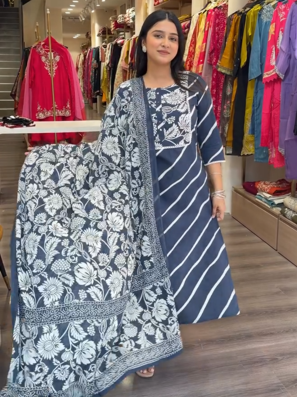 Midnight Blue Floral Printed Kurta Set with Statement Dupatta – Women's 3 Piece Ethnic Suit Set