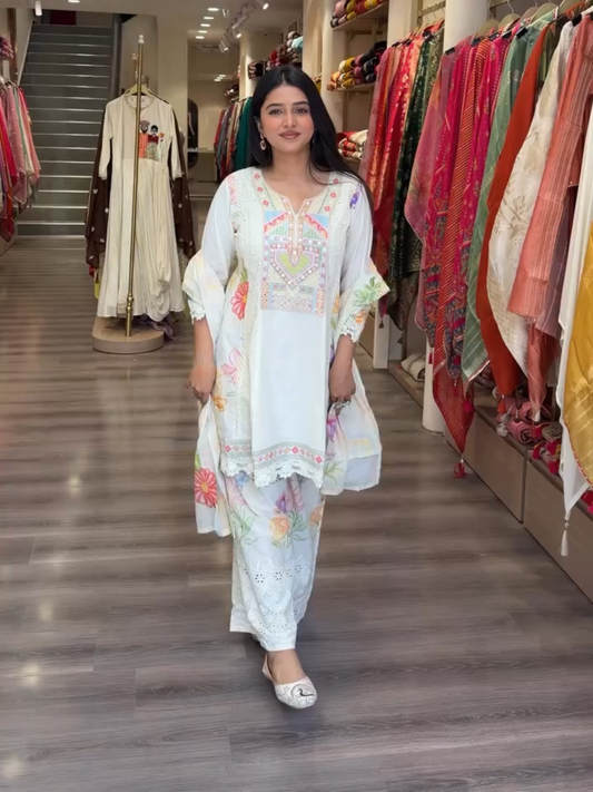Pastel Blue Embroidered Kurta Palazzo Set with Dupatta for Women | Elegant Floral Ethnic Wear