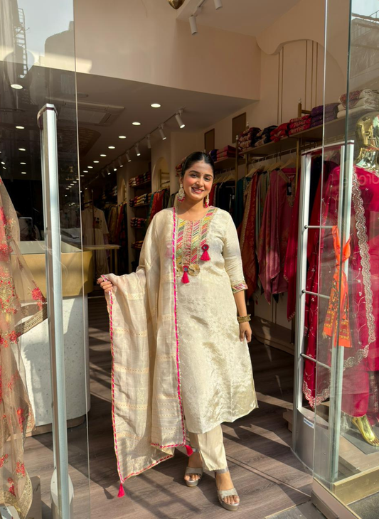 Ivory Chanderi Silk Kurta Set with Multicolor Embroidery & Tassel Dupatta
