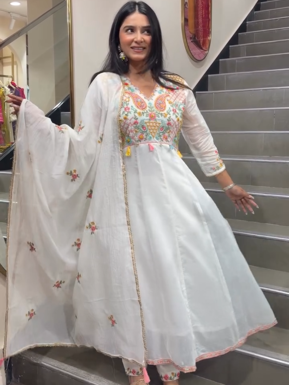 Women's White Embroidered Anarkali Suit Set with Dupatta | Floral Ethnic Party Wear