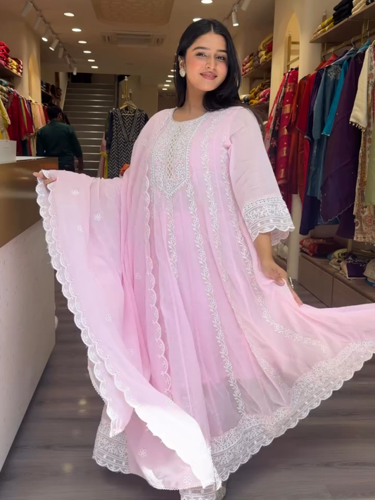 Baby Pink Embroidered Anarkali Suit with Dupatta for Women