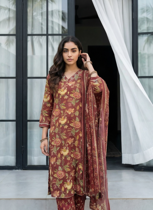 Onion Color Floral Printed Straight Kurta Pant Set with Dupatta for Women