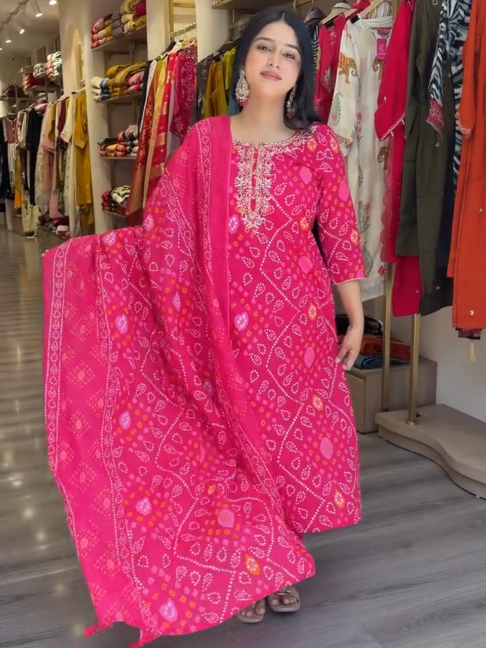 Rani Pink Bandhani Printed Cotton Kurta Set with Dupatta for Women
