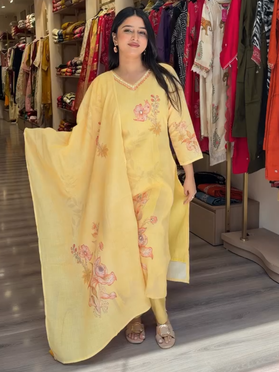 Sunshine Yellow Floral Printed Cotton Kurta Set with Dupatta for Women
