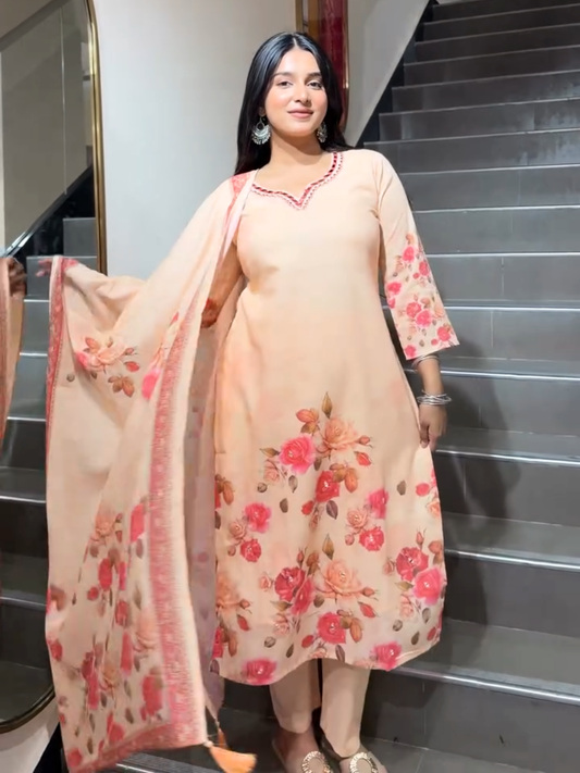 Peach Floral Printed Suit with Dupatta for Women