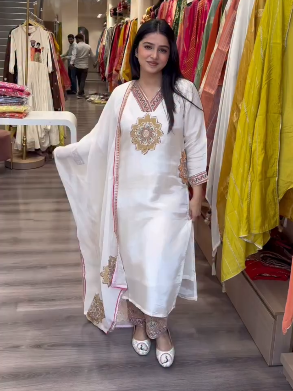 Off White Embroidered Kurta Palazzo Set with Dupatta for Women | Elegant Festive Ethnic Wear