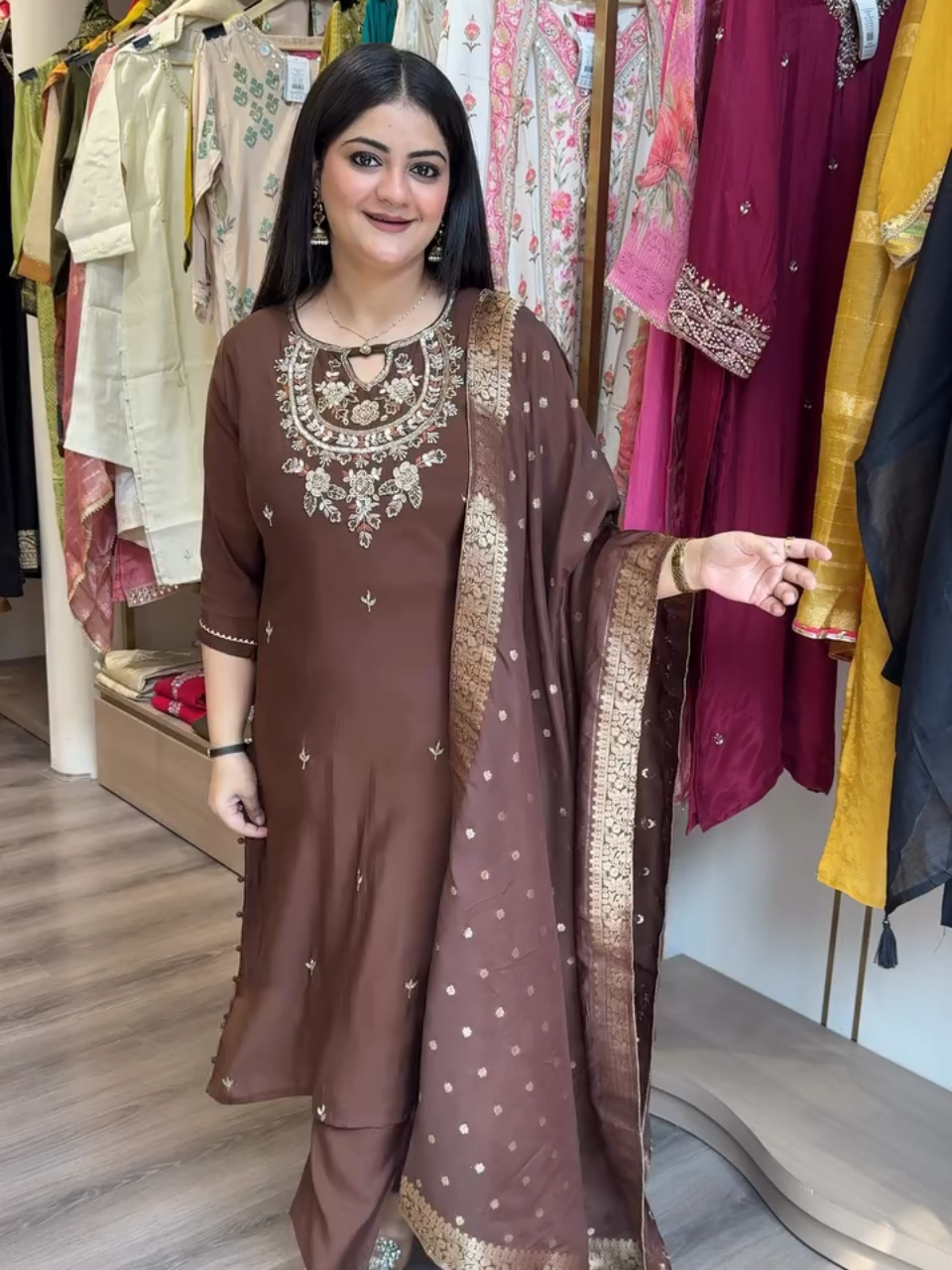 Elegant Brown Embroidered Salwar Kameez with Golden Dupatta
