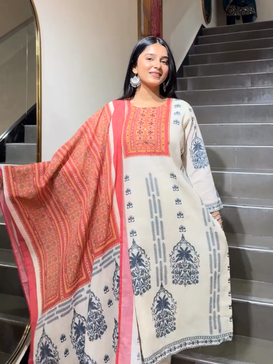 Beige Printed Ethnic Suit with Contrast Dupatta for Women