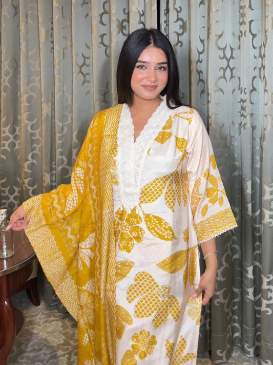 Women White & Mustard Yellow Printed Cotton Kurta Set with Dupatta | Summer Casual Wear