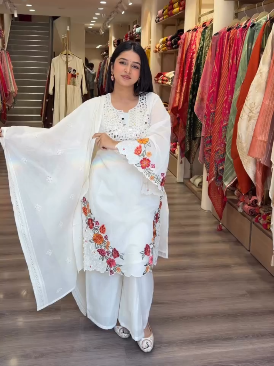 White Floral Embroidered Kurta Palazzo Set with Dupatta for Women | Elegant Ethnic Wear