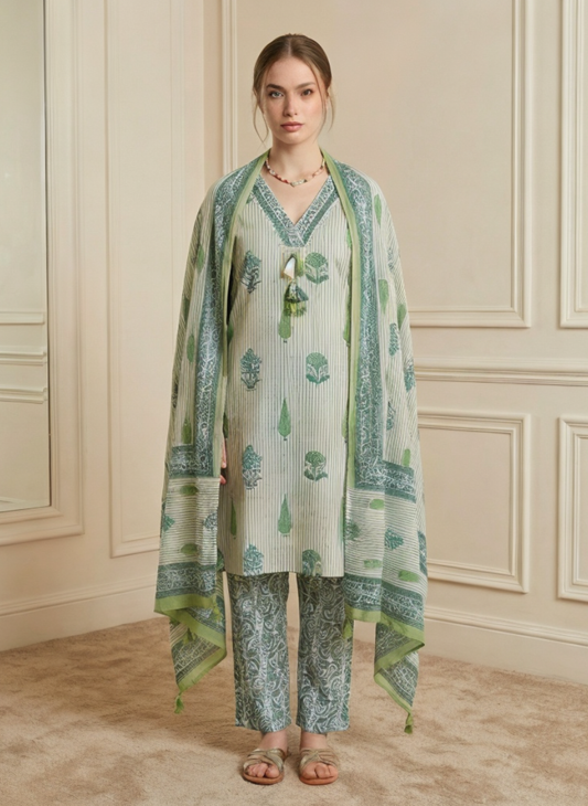 Green Cotton Printed Kurta Set with Dupatta for Women | Summer Ethnic Wear