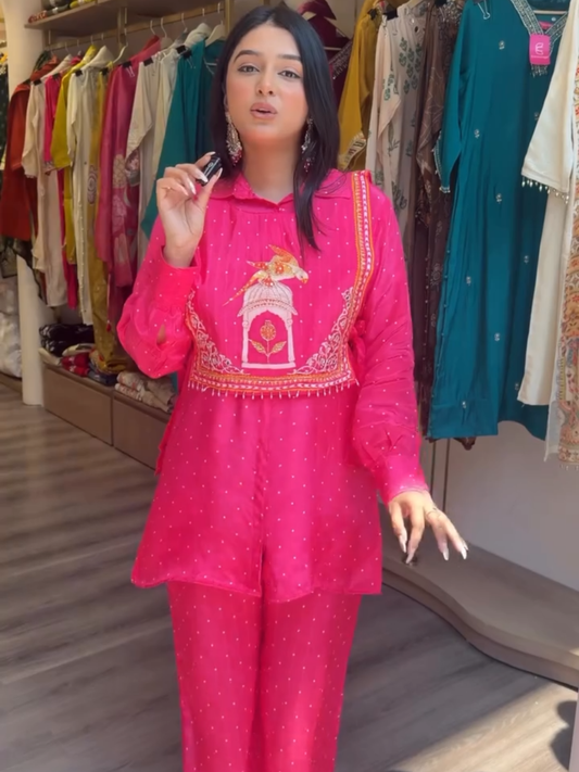 Women's Rani Pink Embroidered Ethnic Kurta Pant Co-Ord Set | Festive & Casual Wear