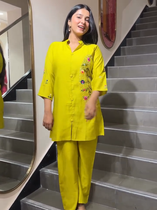 Lime Green Embroidered Co-Ord Set for Women