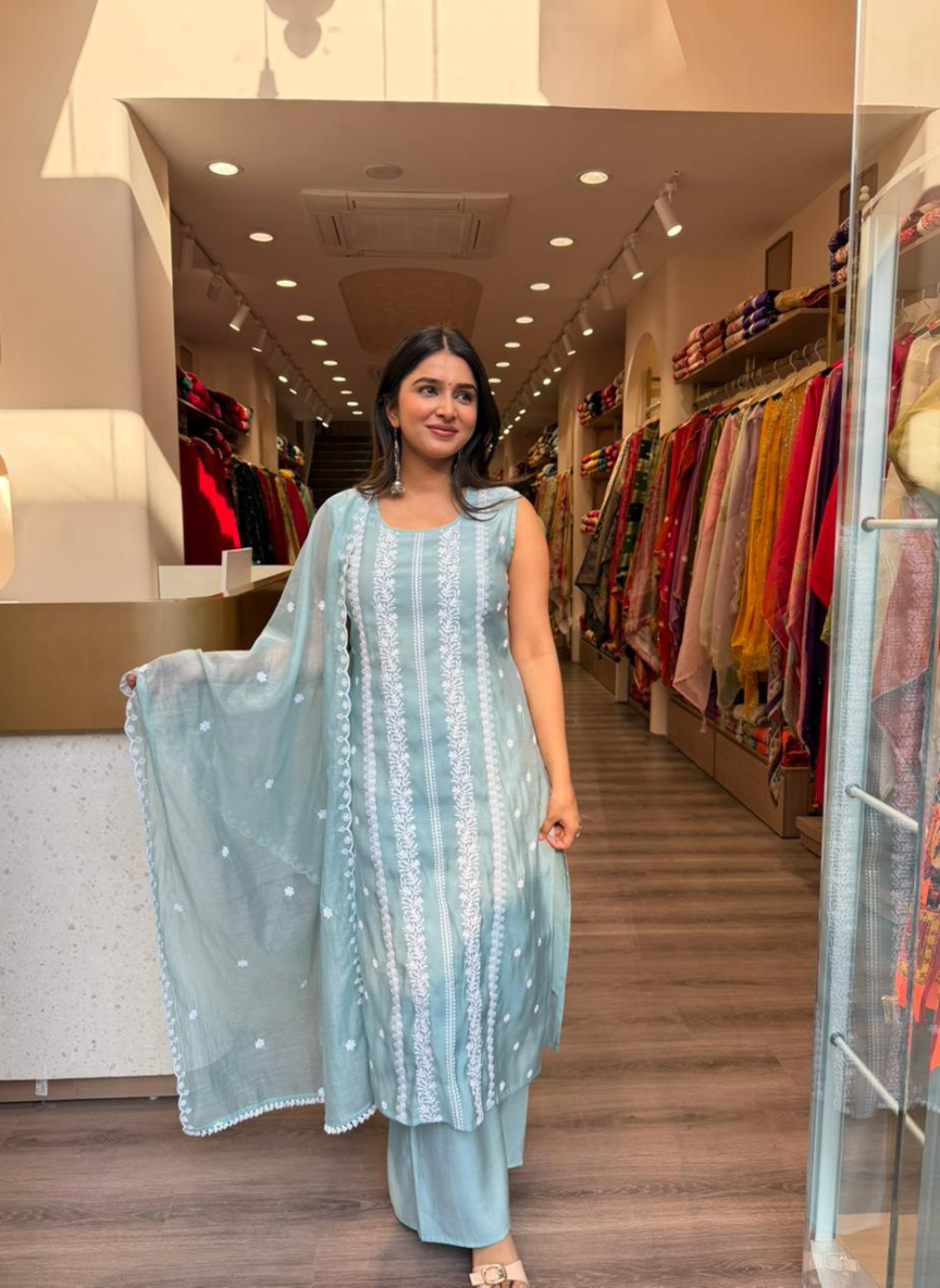 Women Mint Green Embroidered Kurta Set with Dupatta | Summer Festive Wear