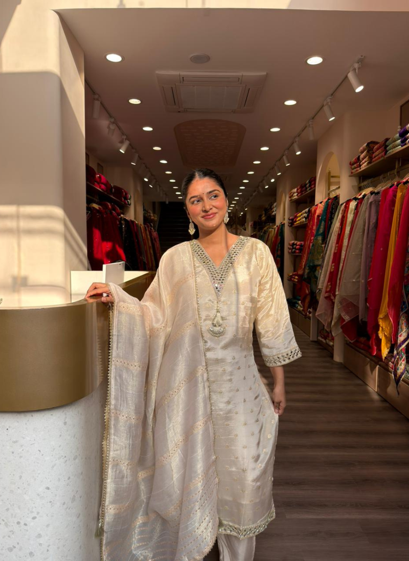 Ivory Chanderi Silk Kurta Set with Gold Zari Work & Dupatta – Elegant Festive Wear for Women