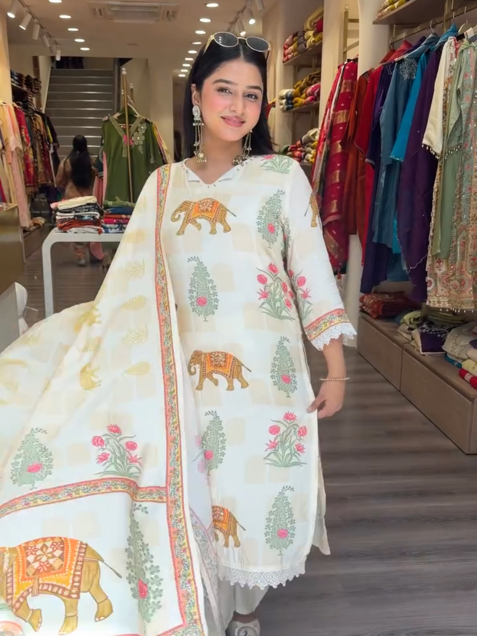 Cream Elephant Printed Kurta Set with Dupatta for Women | Elegant Ethnic Wear