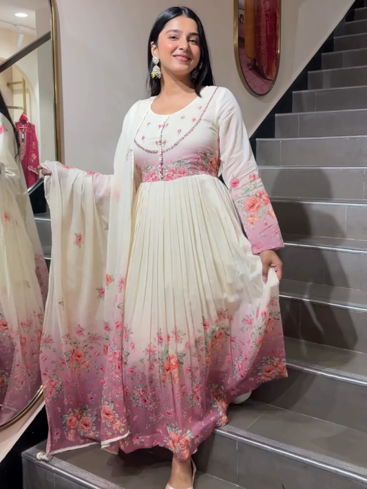 Ivory Pink Floral Anarkali Suit Set with Dupatta for Women