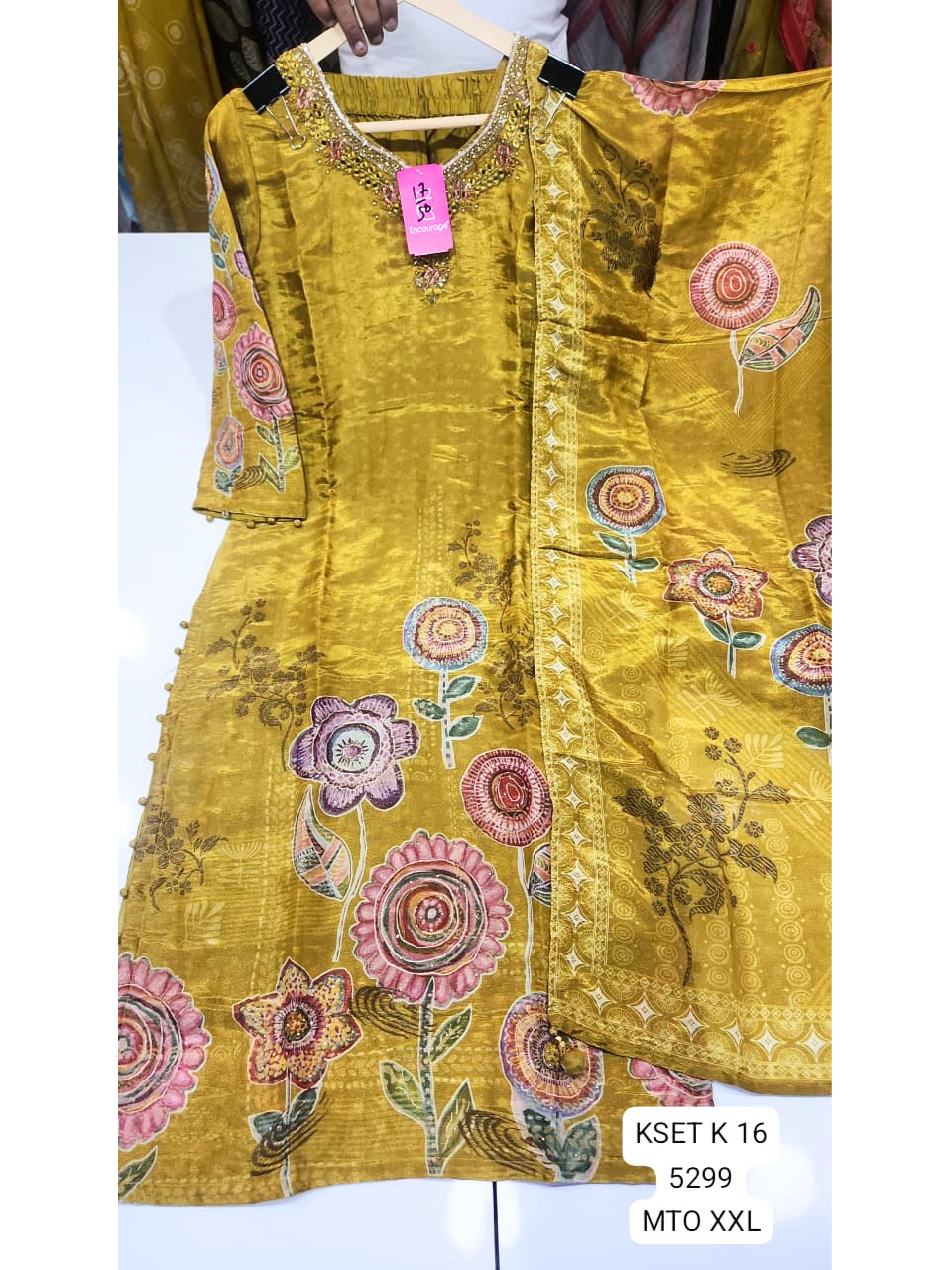 Mustard Yellow Floral Printed Women’s Kurta Set with Embroidered Neckline & Dupatta – Festive Wear