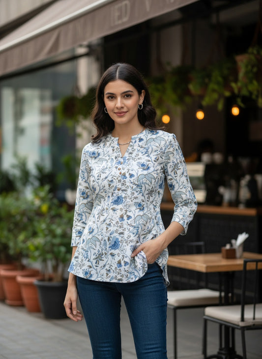 Women’s Short Cotton Kurti Top White with Blue Floral Print