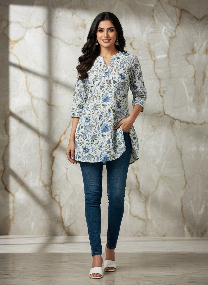 Women’s Short Cotton Kurti Top White with Blue Floral Print