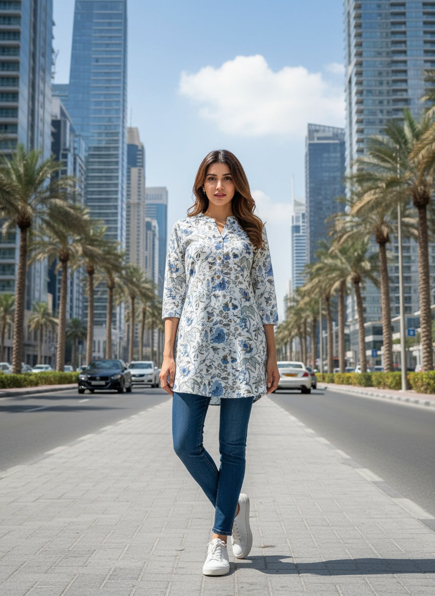 Women’s Short Cotton Kurti Top White with Blue Floral Print