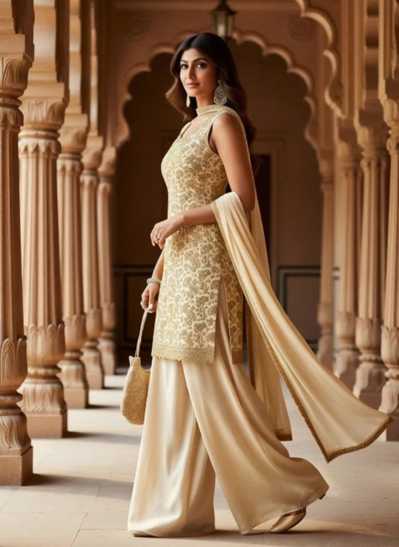 Elegant Ivory Gold Embroidered Sharara Suit 3 Piece Set for Women