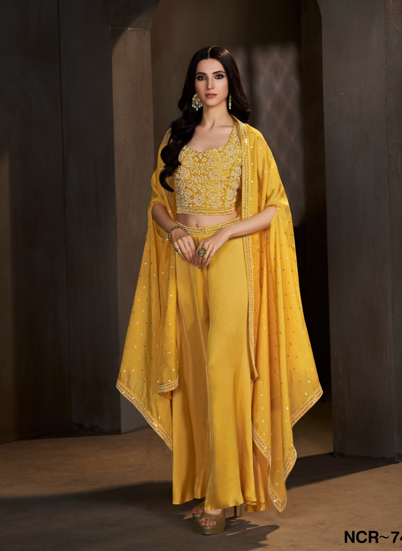 Sunshine Yellow Embroidered Indo Western 3 Piece Set for Women