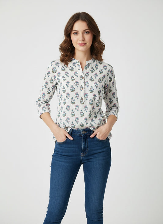 Short Cotton Kurti Top for Women White with Pink & Green Floral Print