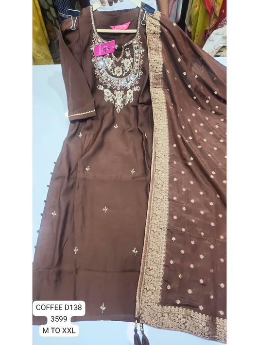 Coffee Brown Heavy Embroidered Kurti with Dupatta for Women